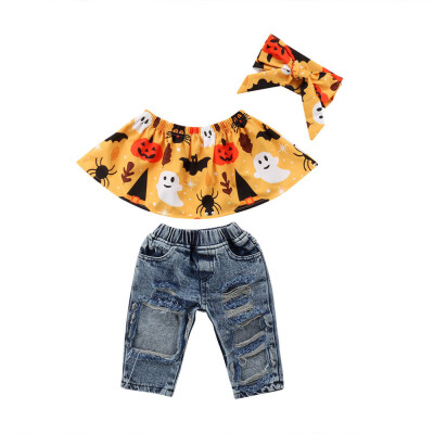 

3Pcs Halloween Newborn Toddler Kids Baby Girls Off Shoulder Tops Denim Hole Pants Headband Outfits