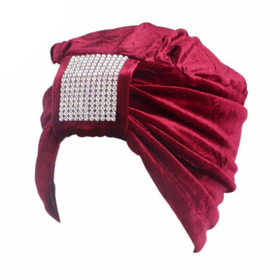 

6 Colors Muslim Women Square Rhinestone Turban Hijab Cap Soft Velvet Cancer Chemo Hats