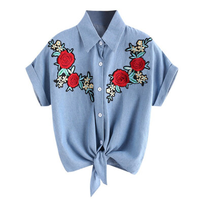 

Women Retro Temperament Rose Embroidered Denim Lapel Blouse Vintage Short Sleeve Casual Tops