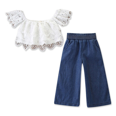 

Summer Fashion Toddler Infant Kids Baby Girls Outfits T-Shirt TopsBroad-legged Jeans Denim Pants Clothes