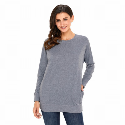 

Solid color round neck long sleeve with pocket bottoming shirt casual simple shirt womens