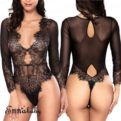

NEW Women Lace V Neck Long Sleeve Romper Bodycon Bodysuit Jumpsuit Leotard Tops