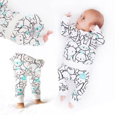 

2PCS Newborn Baby Bunny Print Cotton Long Sleeve Round Neck Tops Long Pants Clothes Set