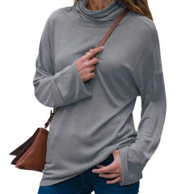 

2019 Autumn Fashion Women Solid color High collar Long sleeves Casual Loose T-shirt