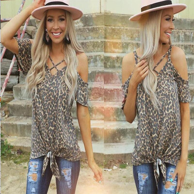 

2019 summer Amazon explosion models Europe&the United States loose leopard irregular hem strapless V-neck short-sleeved T-shir