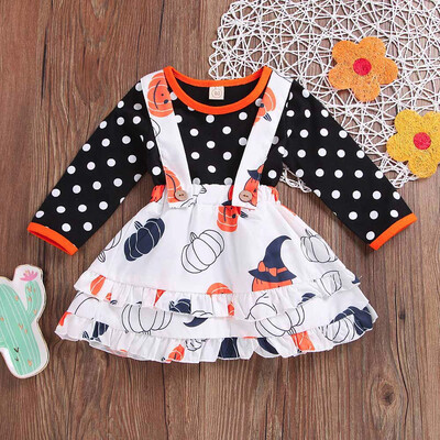 

Toddler Baby Girls Dot Tops Pumpkin Print Overall Skirt Halloween Ruffles Sets