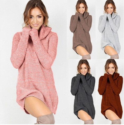 

Womens Bodycon Knitted Long Sweater Dress Jumper Winter Pullover High Neck Tops