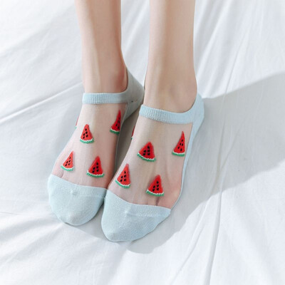 

Women Summer Girls Fruit Breathable Ultrathin Thin Section Transparent Lace Elastic Short Socks