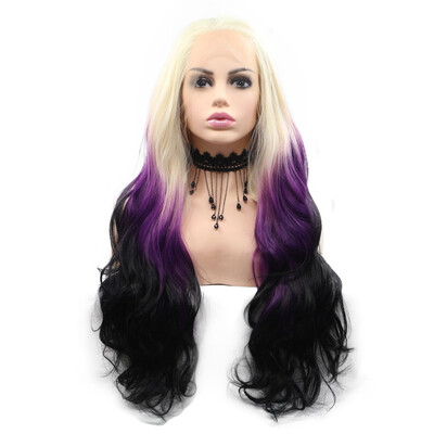 

Amazing Star Lace Frontal Wigs Long Wavy Hair Ombre Purple Color Heat Resistant Fiber Free Part Synthetic Hair