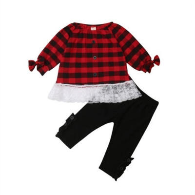 

Christmas Fashion Kids Baby Girls Long Sleeve Plaid Lace Splice Tops T-shirt Leggings Pants Outfits Clothes