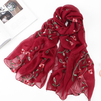 

2018 new ten miles peach chiffon flower embroidered silk scarf female travel photo sunscreen beach shawl wholesale