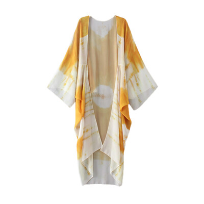 

New Women Chiffon Kimono Cardigan Beach Cover Up Contrast Print Long Loose Casual Blouse Top WhiteBlueYellow