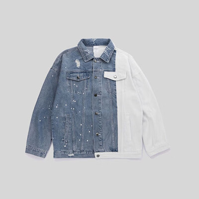 

Trendy blue&white contrast color stitching mens denim jacket letter print splash coat