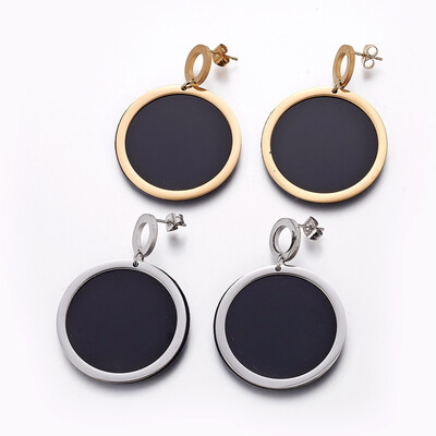 

304 Stainless Steel Stud Earrings with Plastic Flat Round Mixed Color 48mm Pendant 35x2mm Pin 08mm