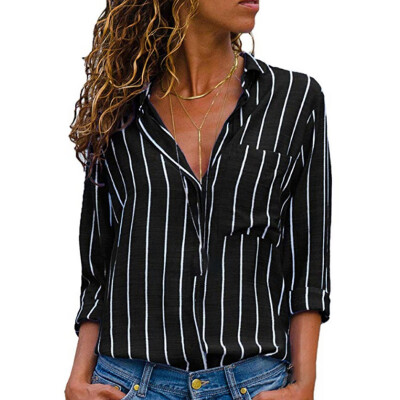 

Womens V Neck Stripe Long Sleeve Loose Shirt Ladies Front Button Blouses Tops