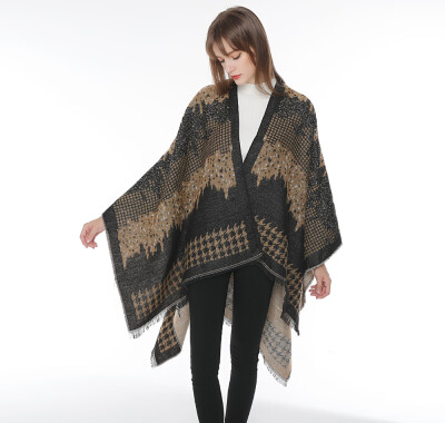 

New lace houndstooth warm shawl factory direct Europe&America autumn&winter scarf long thick cloak cloak