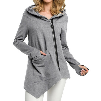 

New Autumn And Winter Women Casual Hoodies Zipper Irregular Hem Long Hooded Sweatshirt Pocket Tops