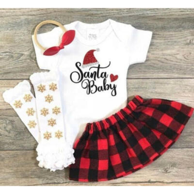 

My First Christmas Newborn Baby Girl Tops Plaids Tutu Skirt 3PCS Outfit Sunsuit