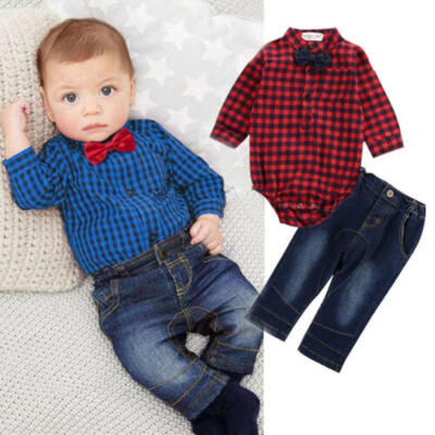 

2PCS Newborn Baby Boy Romper Clothes Bodysuit Plaid TopsJeans Pants Outfits Set