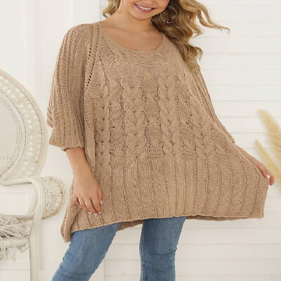 

Solid Cable Eyelets Scoop Three-quarter Batwing Sleeves Knit Sweater