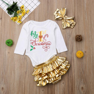 

Newborn Baby Girl 3Pcs Outfits Set My 1st Christmas Romper Top Ruffles ShortsBowknot Headband Golden Girl Costume