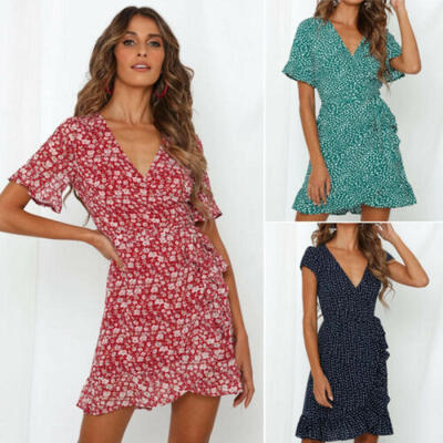 

Womens Floral Print Polka Dot Plunge V Neck Beach Holiday Summer Mini SunDress