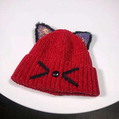 

Tailored Women Fashion Keep Warm Cat Ear Winter Hats Knitted Wool Hemming Hat