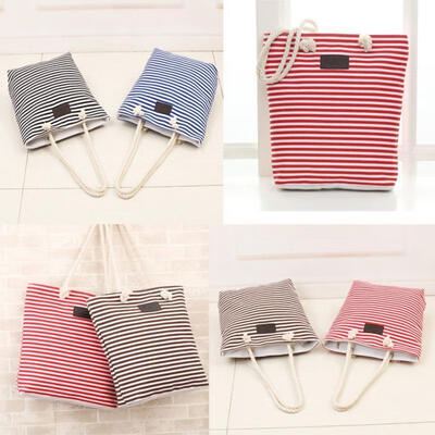 

Fashion Canvas Shopper Single Shoulder Striped Zipper Beach Big Capacity Bag us