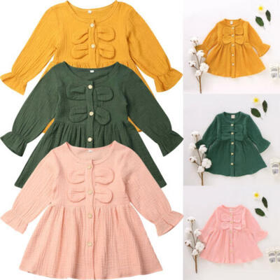 

Toddler Kid Baby Girl Cotton Linen Solid Maxi Dress Long Sleeve Ruffle Skirts UK