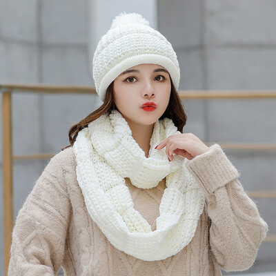 

Winter Knitted Wool Hat Lady wool ball thicker set head hat neck set warm ear protector two sets