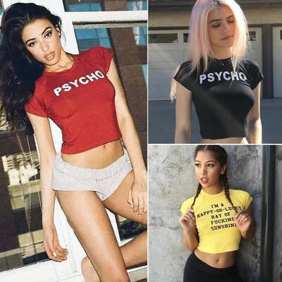 

Fashion Women Casual Psycho Print Tank Tops Blouse Short Sleeve Crop Top