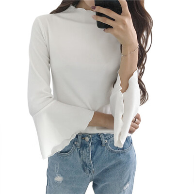 

Women Vintage White Shirt Solid Turtleneck Long Sleeve Tops Casual Streetwear Flare Sleeve femininas t-shirts