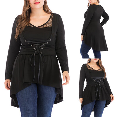 

Gobestart Womens Plus Size Lace Bandage Stitching High Waist Irregular Long Sleeve Top