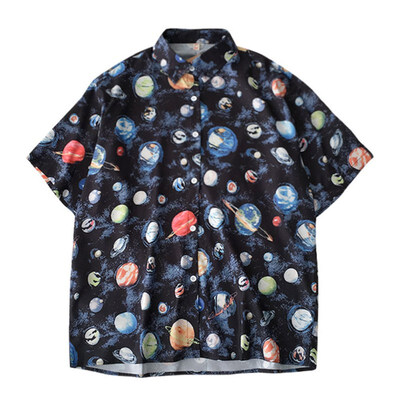

Women Retro Cartoon Planet Print Blouse Shirt Summer Short Sleeve Lapel Shirt Women Tops New Loose Casual Blouses Blusas