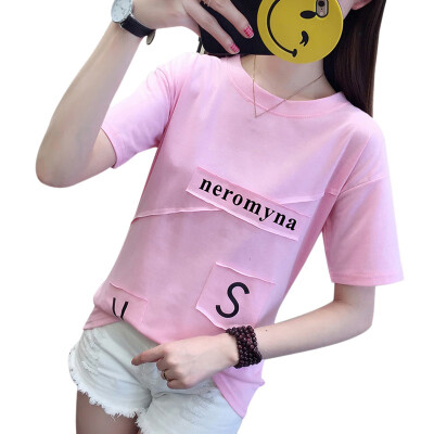 

Women Casual Round Neck Letter Appliques Short Sleeve Tshirt Female Loose Short Sleeve T-Shirt Korean Summer Tops