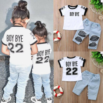 

Newborn Kid Baby Girls T-shirt Tops Mesh Hole Denim Pants Jeans Outfits USA wea