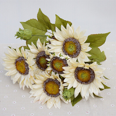 

1 Bouquet 13 Heads Retro European Style Oil Painting Feel White Sunflower Artificial Flowers 50CM