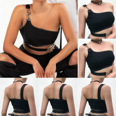 

Summer Women Sexy Club Stretch One Shoulder Metal Buckles Crop Top Vest Blouse