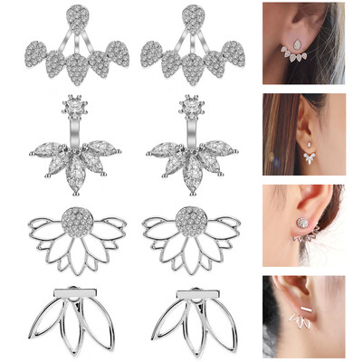

4 Pairs Lotus Flower Earrings Stud Jacket Earrings Simple Chic Earrings Back Cuffs Stud Earring sets for Women Girls
