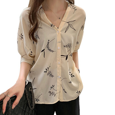 

Women Blouses Fashion Leaves Print V Neck Chiffon Blouse Tops Ladies Shirts Women Casual Half Sleeve Blusas Chemisier Femme