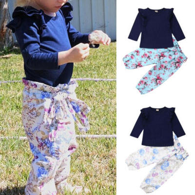

Toddler Kids Baby Girl Fly Sleeve Tops Shirt Flower Pants Children Outfit Set US