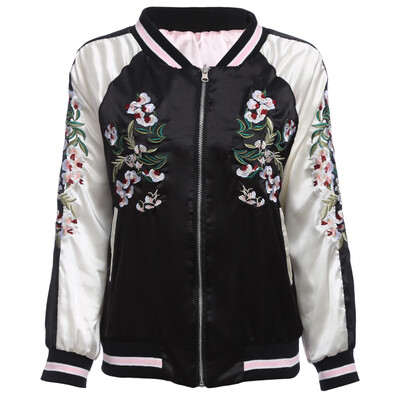 

Trendy Round Collar Elastic Sleeve Hem Embroidery Zipper Type Women Baseball Coat