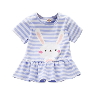 

1-5T Summer Casual Kid Clothing Cute Baby Girls Striped Cartoon Short-sleeved Dresses Child Clothing