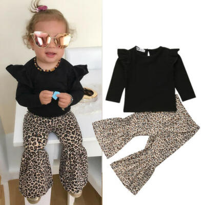 

US 2PCS Toddler Kids Baby Girl Tops T-Shirt Leopard Flared Pants Outfits Clothes