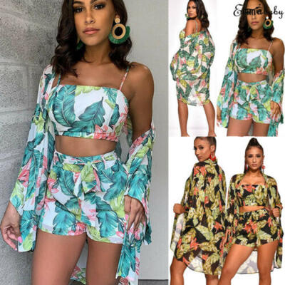 

3PCS Women Sexy Crop Top Short Pants With Coat Print Jumpsuit Casual Clubwear