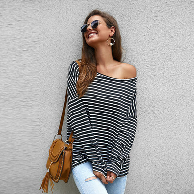 

2019 Autumn Winter Female T-shirt Long Sleeve Striped harajuku Sexy Slant Shoulder Loose Oblique Collar Casual Wild T Shirt
