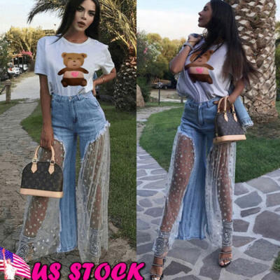 

Women Boot Cut Denim Jeggings Trouser Jeans Wide Leg Flare Bell Bottom Pants USA