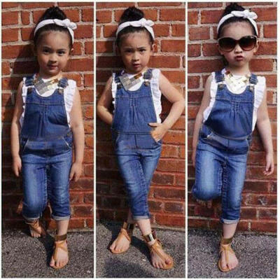 

US Summer Toddler Girls Kids Outfit Clothes Ruffle Shirt TopsJeans Overalls Set