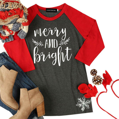 

Women Xmas Merry And Bright Letter Printed Raglan Shirt Casual Round Neck Christmas