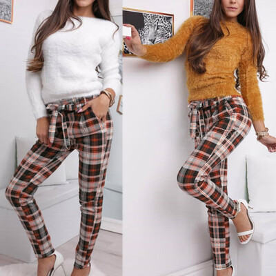 

Women Mid Waist Plaid Retro Slim Skinny Long Haren Pants TrousersBelt